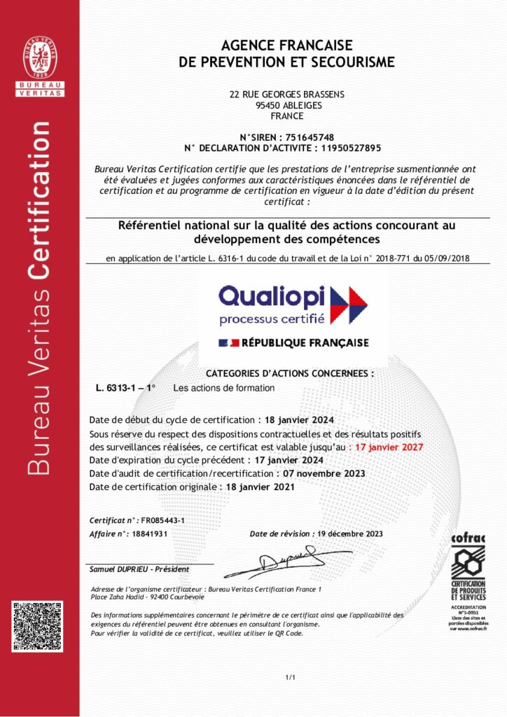 Certificat Qualiopi AFPS Secourisme